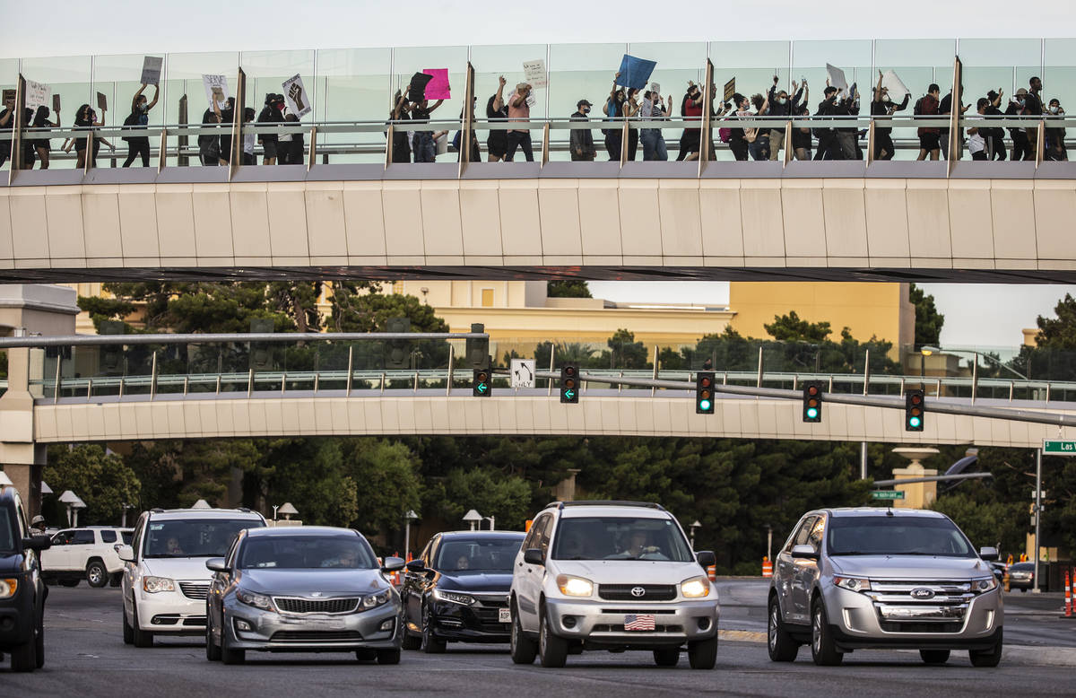 A large crowd protests on the Strip on Monday, June 1, 2020, in Las Vegas as riots continue thr ...
