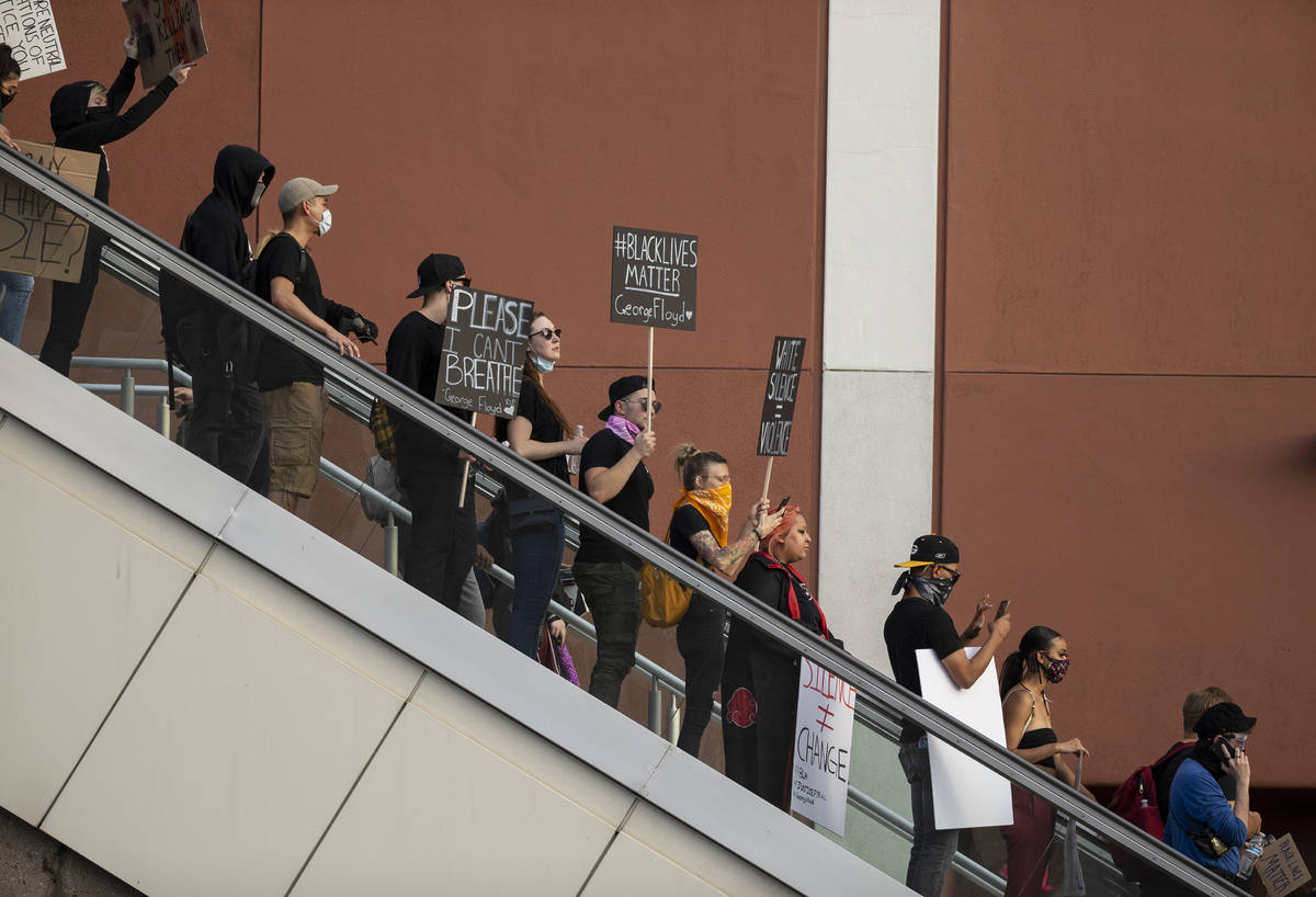 A large crowd protests on the Strip on Monday, June 1, 2020, in Las Vegas as riots continue thr ...