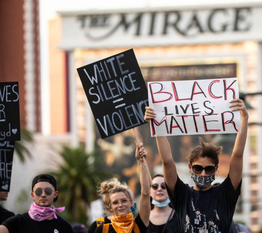 A large crowd protests on the Strip on Monday, June 1, 2020, in Las Vegas as riots continue thr ...