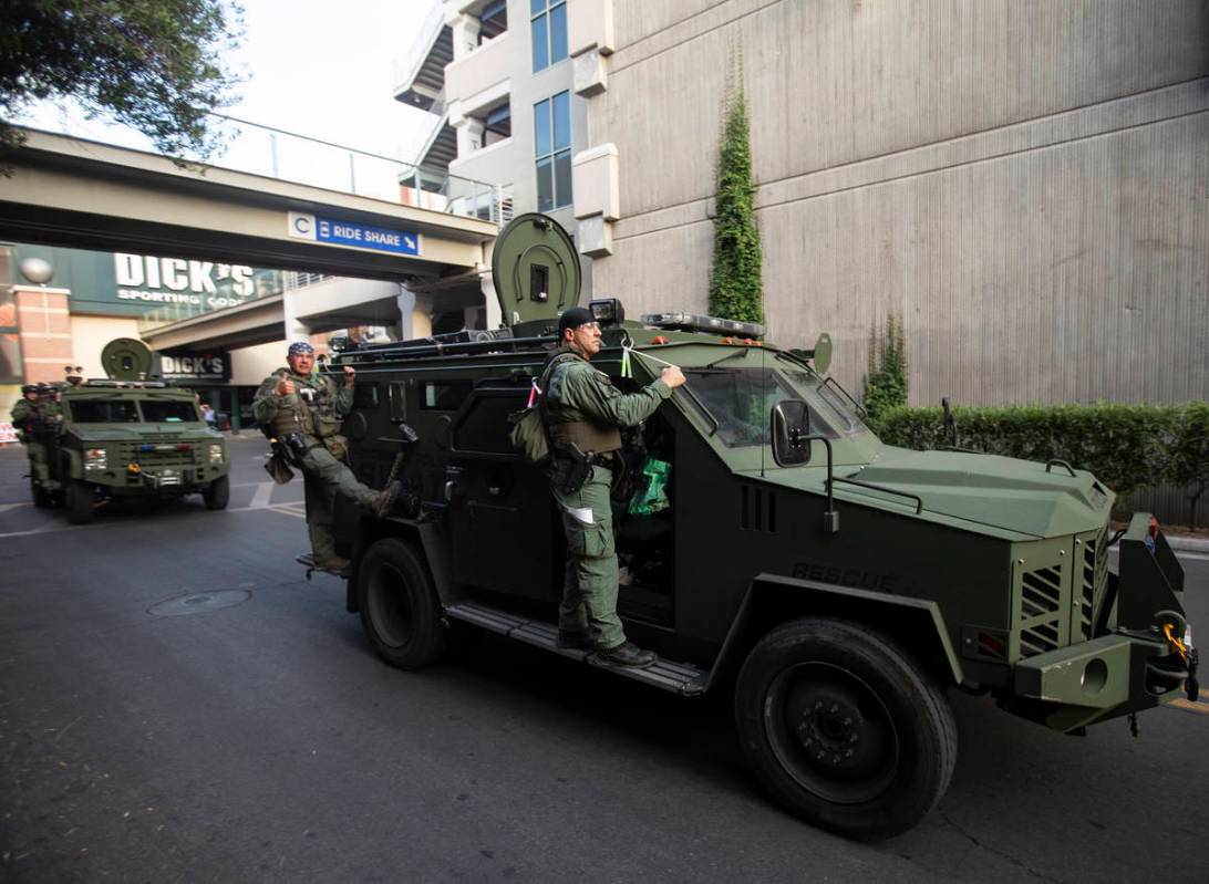 A large police presence gathers in preparation for protests on the Strip on Monday, June 1, 202 ...