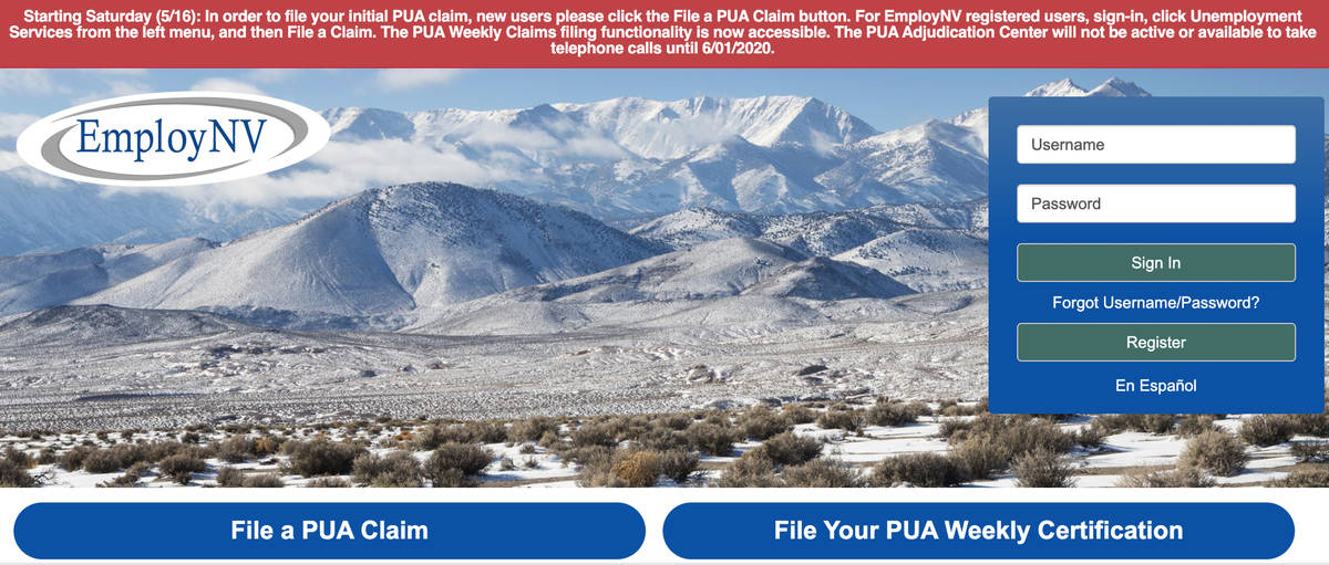 The website for Nevada PUA filers, employnv.gov, shows outdated information on Monday, June 1 2 ...