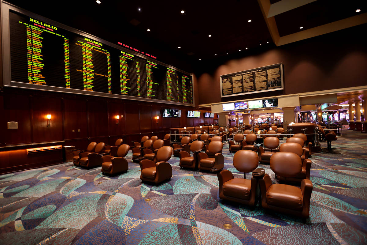 Sportsbook seats are socially distanced during a Bellagio media a tour showing "health and ...