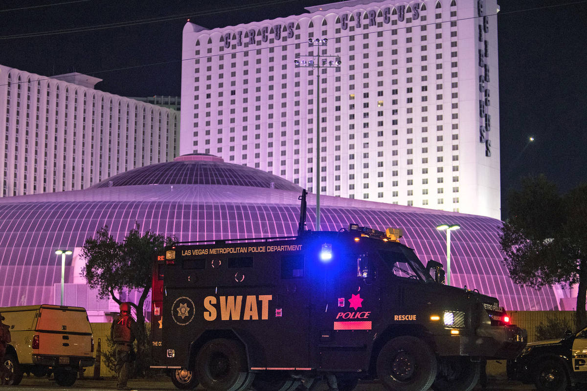 A SWAT unit behind Circus Circus on Tuesday, June 2, 2020, in Las Vegas. (Ellen Schmidt/Las Veg ...
