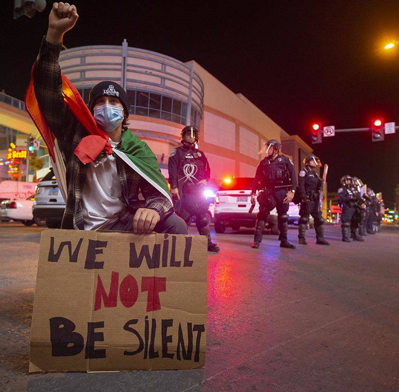 A large crowd organized by Black Lives Matter protests in downtown Las Vegas on Monday, June 1, ...