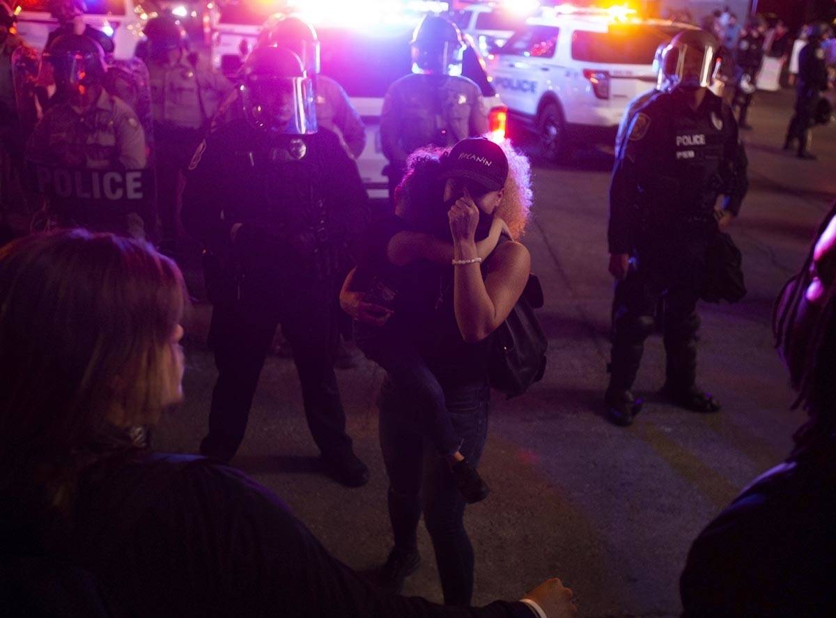 A large crowd organized by Black Lives Matter protests in downtown Las Vegas on Monday, June 1, ...