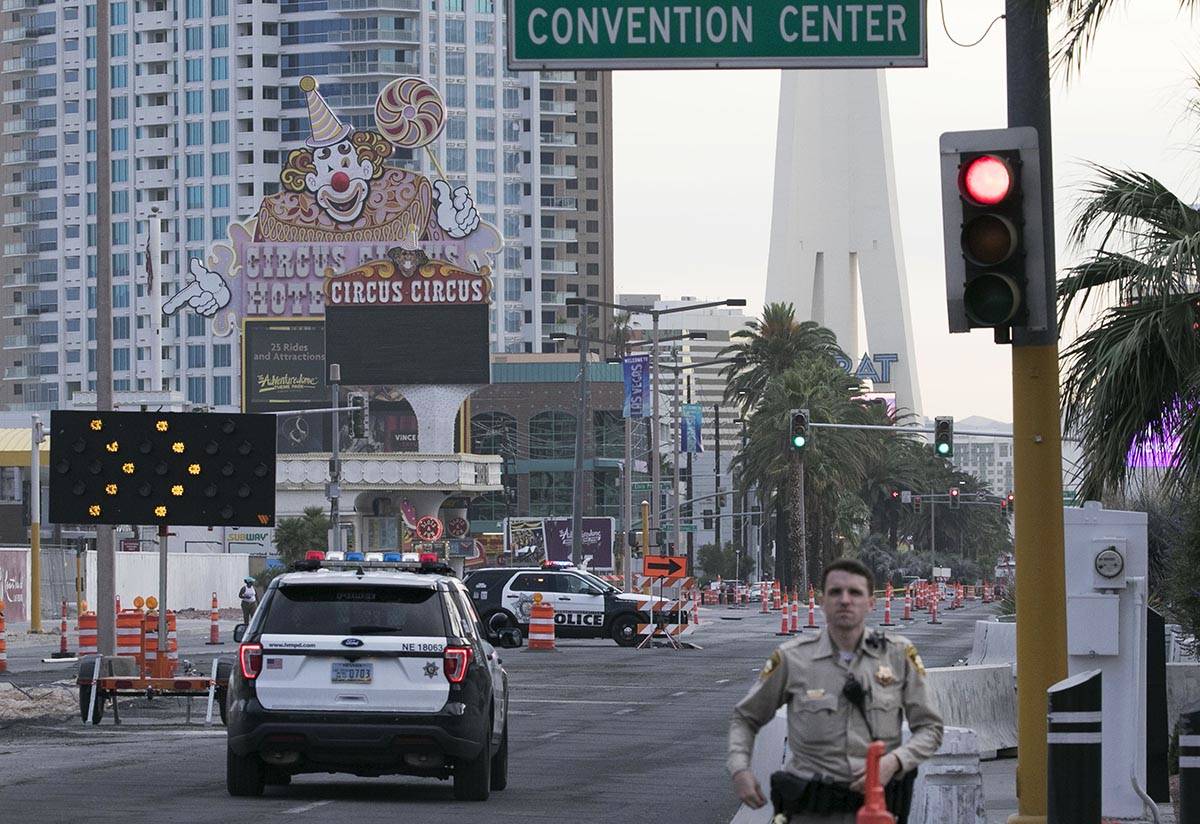 Las Vegas police investigate on Tuesday, June 2, 2020, after a Las Vegas police officer was sho ...
