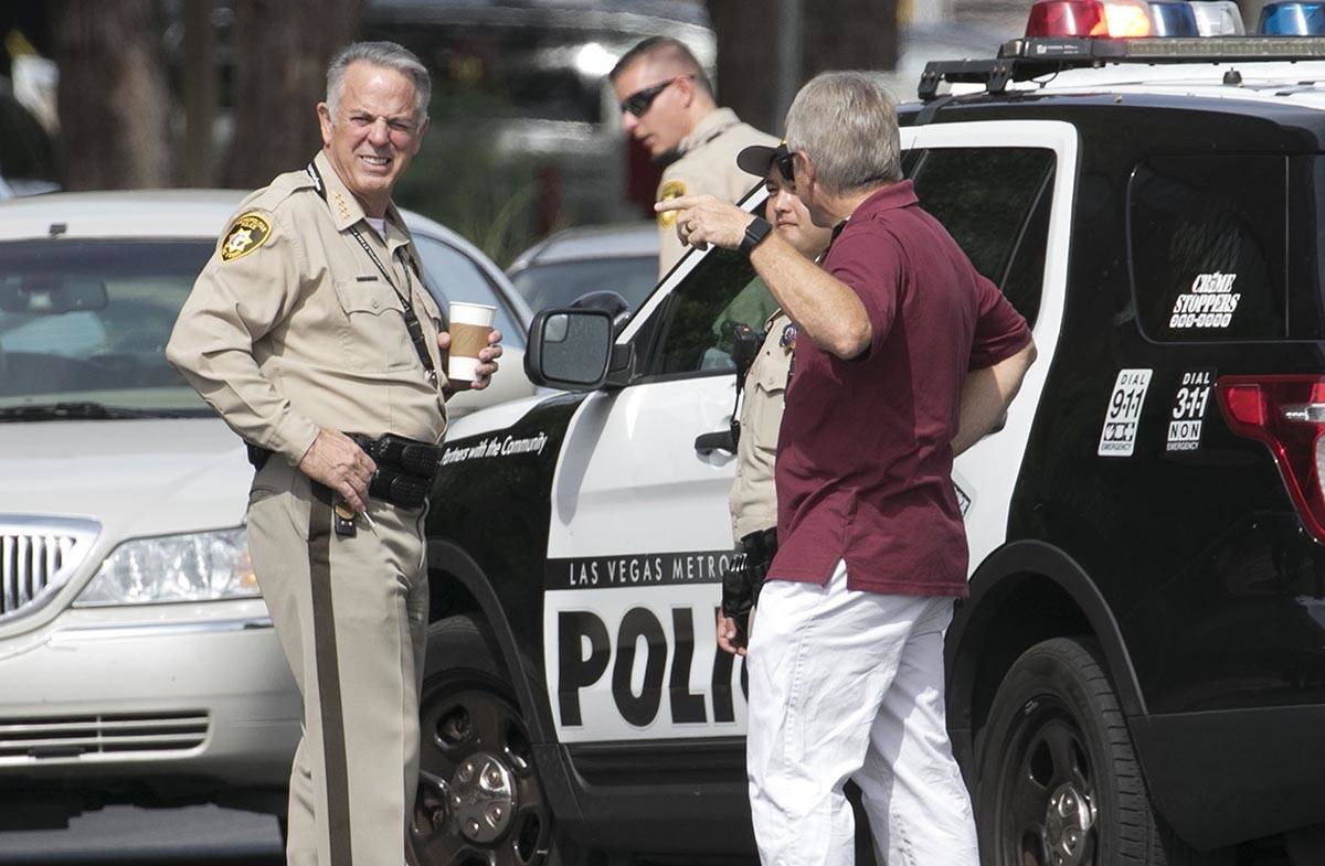 Clark County Sheriff Joe Lombardo talks to police officers on Tuesday, June 2, 2020, after visi ...