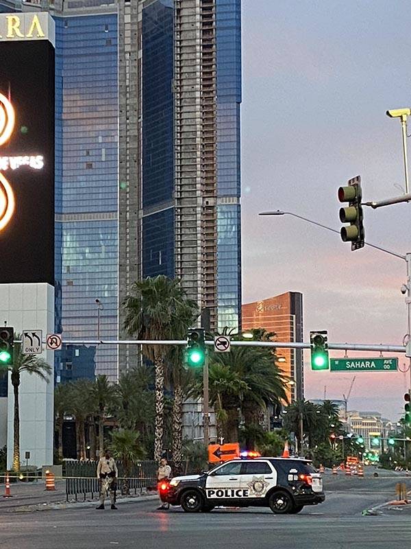 Las Vegas Boulevard is closed at Sahara Avenue about 5 a.m. Tuesday, June 2, 2020. (Glenn Puit/ ...