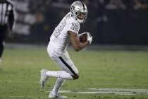 Oakland Raiders wide receiver Zay Jones (12) runs against the Los Angeles Chargers during the f ...