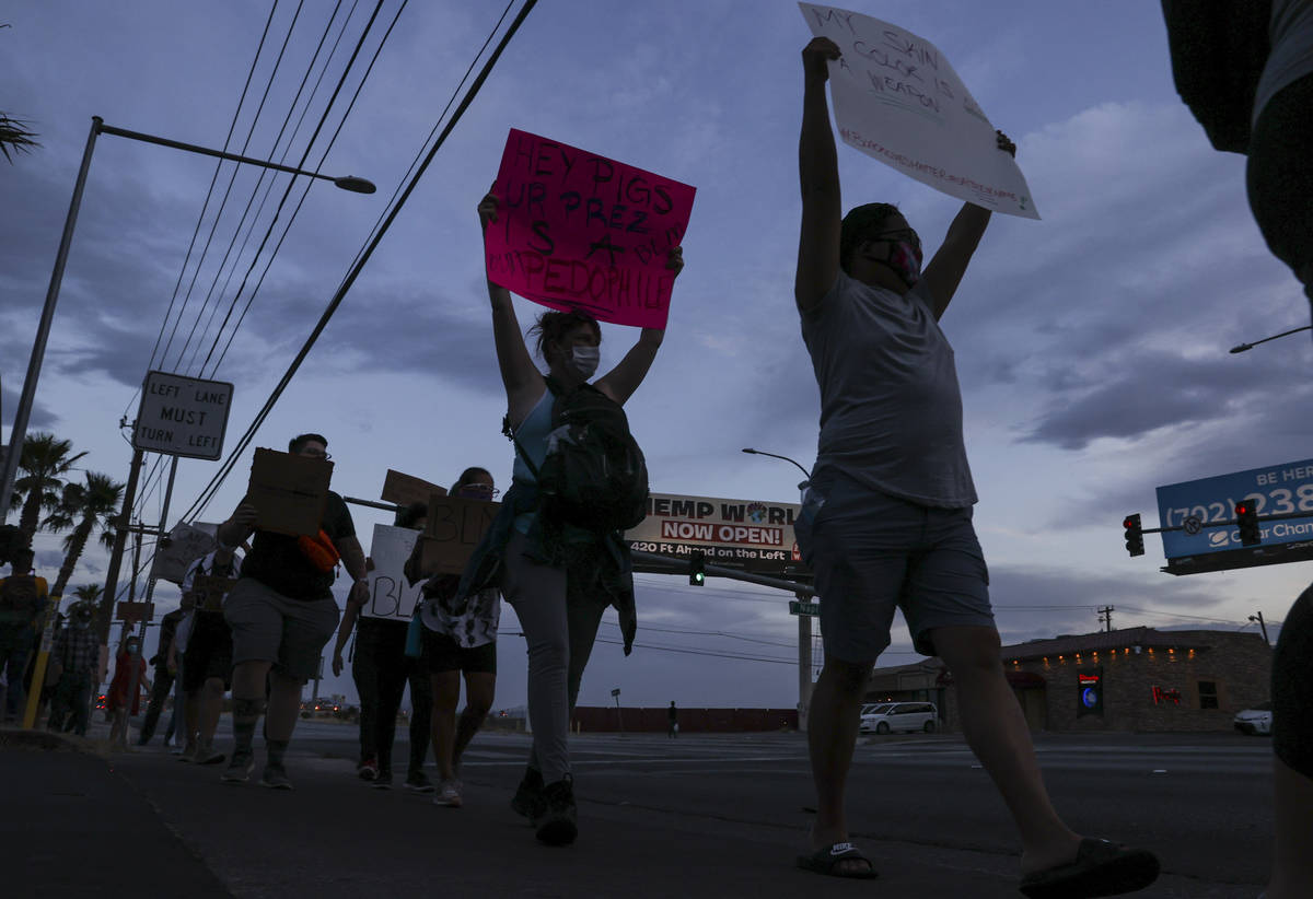 People march during a Black Lives Matter protest near UNLV in Las Vegas on Tuesday, June 2, 202 ...