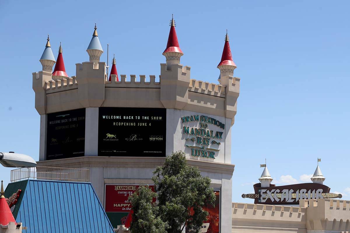 A digital sign at Excalibur announces the reopening of some MGM Resorts International casinos o ...