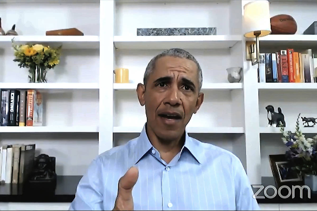 In this image from video provided by My Brother's Keeper Alliance and The Obama Foundation, for ...