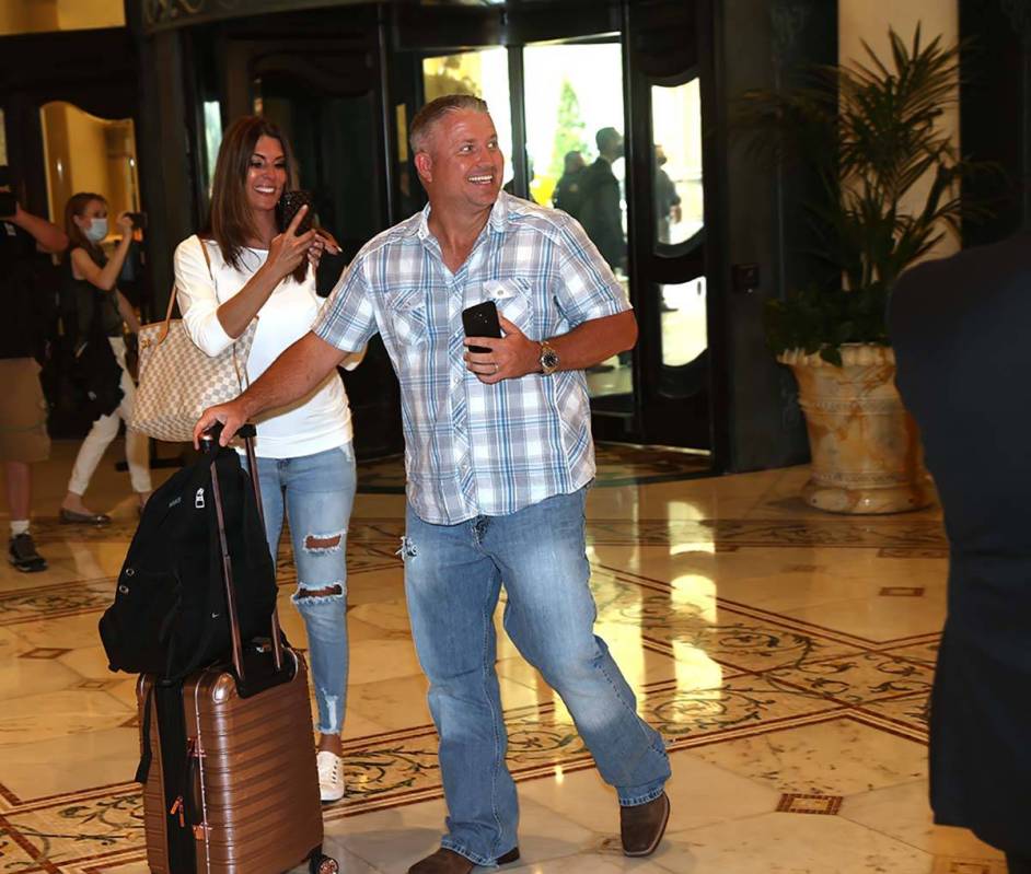 The first guests arrive at the Bellagio on the Strip in Las Vegas as the resort reopens after 7 ...