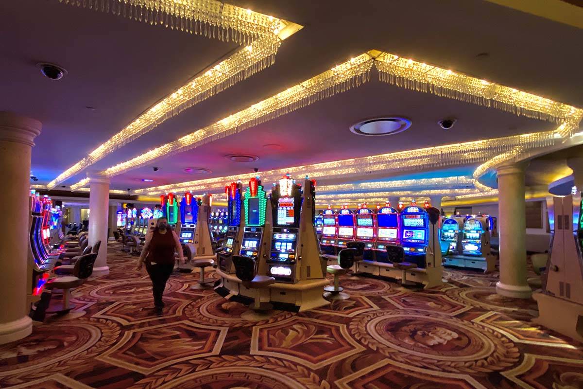 Socially distanced slot machine area at Caesars awaiting first customers. (L.E. Baskow/Las Vega ...