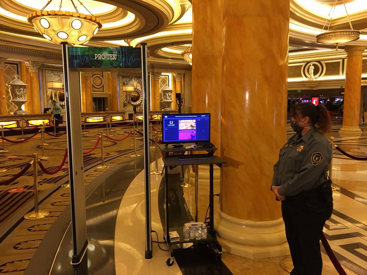 A temperature scanner set to greet guests at Caesars on Thursday, June 4, 2020. (Michael Quine/ ...