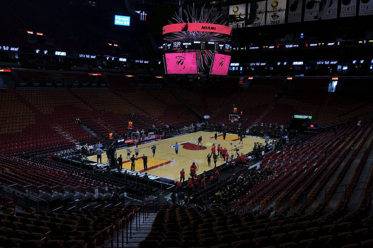 In this Oct. 23, 2019, file photo, the Miami Heat and the Memphis Grizzlies practice before an ...