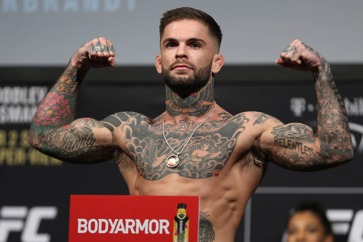 Cody Garbrandt poses during the ceremonial UFC 235 weigh-in event at T-Mobile Arena in Las Vega ...