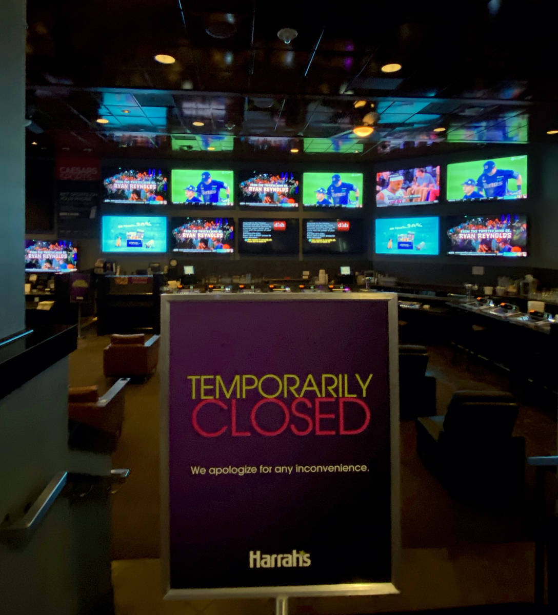 The sports book at Harrah's is temporarily closed as the casino is now open for business again ...