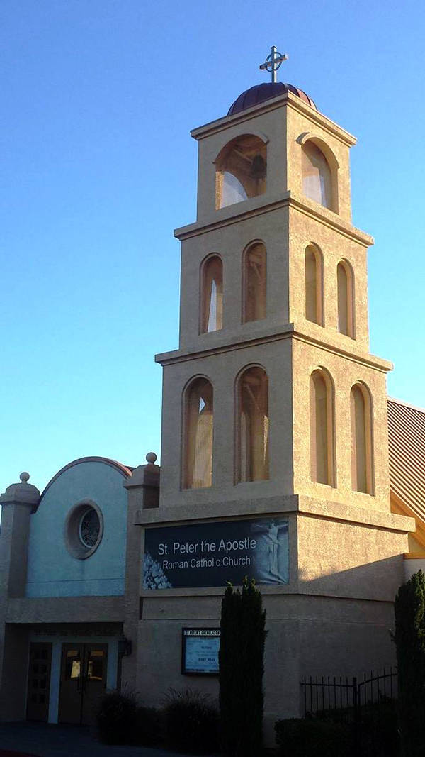 Copper-domed bell tower at St. Peter's near Texas Avenue along Boulder Highway. (Natalie Burt)