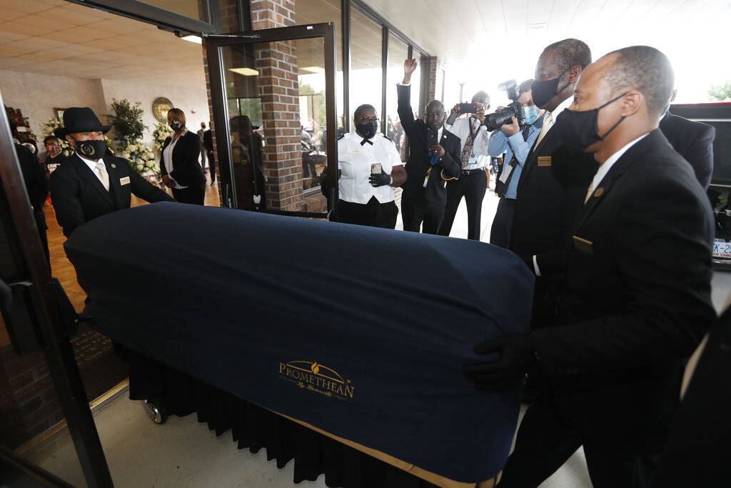 The casket of George Floyd arrives, Saturday, June 6, 2020, in Raeford, N.C. George Floyd's dea ...