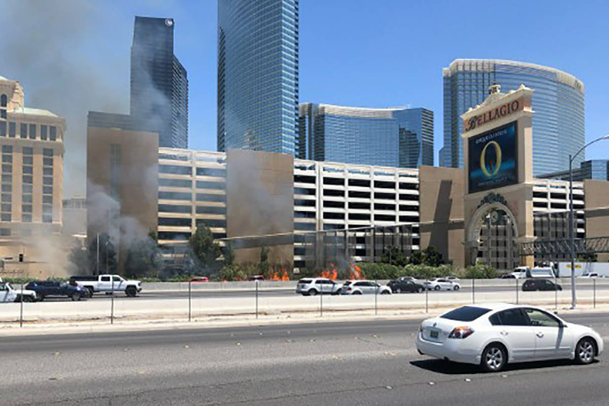 A fire is seen Saturday, June 6, 2020 outside the Bellagio in Las Vegas. (Katelyn Newberg/Las V ...