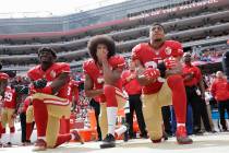 In this Oct. 2, 2016, file photo, from left, San Francisco 49ers outside linebacker Eli Harold, ...