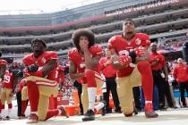 In this Oct. 2, 2016, file photo, from left, San Francisco 49ers outside linebacker Eli Harold, ...