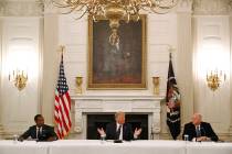 President Donald Trump speaks during a roundtable discussion with law enforcement officials, Mo ...