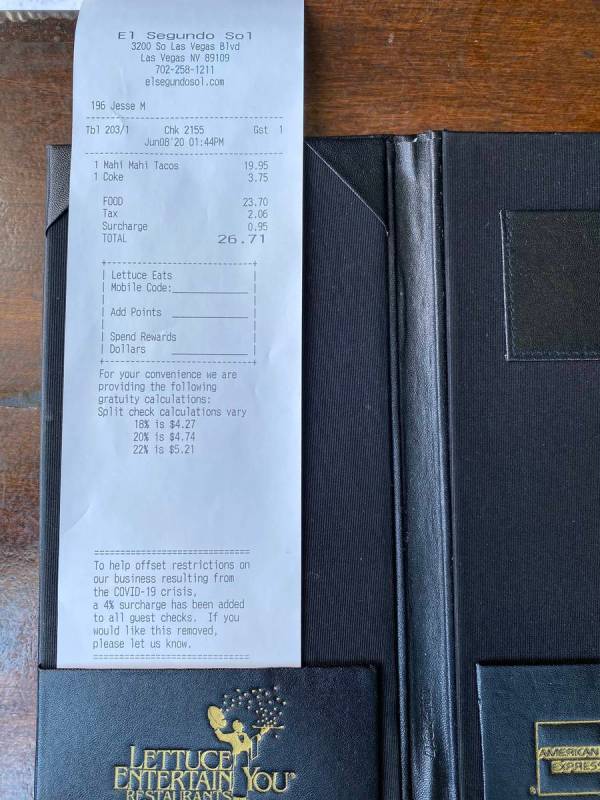 A check from El Segundo Sol, with COVID fee and an explanation. (Al Mancini/Las Vegas Review-Jo ...
