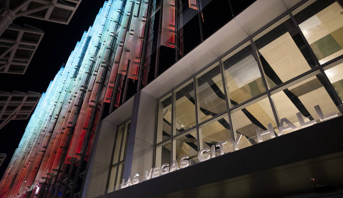 The lights at Las Vegas City Hall are crimson and gold in remembrance of George Floyd on Monday ...