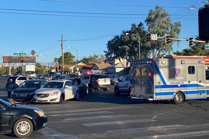 Three vehicles were wedged together at Eastern Avenue and East Russell Road in east Las Vegas o ...