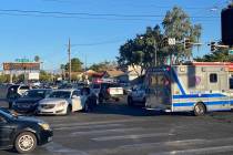 Three vehicles were wedged together at Eastern Avenue and East Russell Road in east Las Vegas o ...