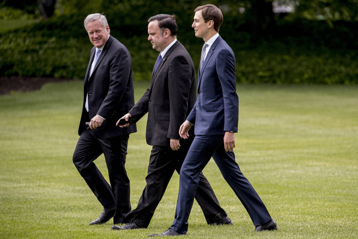 From left, White House Chief of Staff Mark Meadows, White House Social Media Director Dan Scavi ...