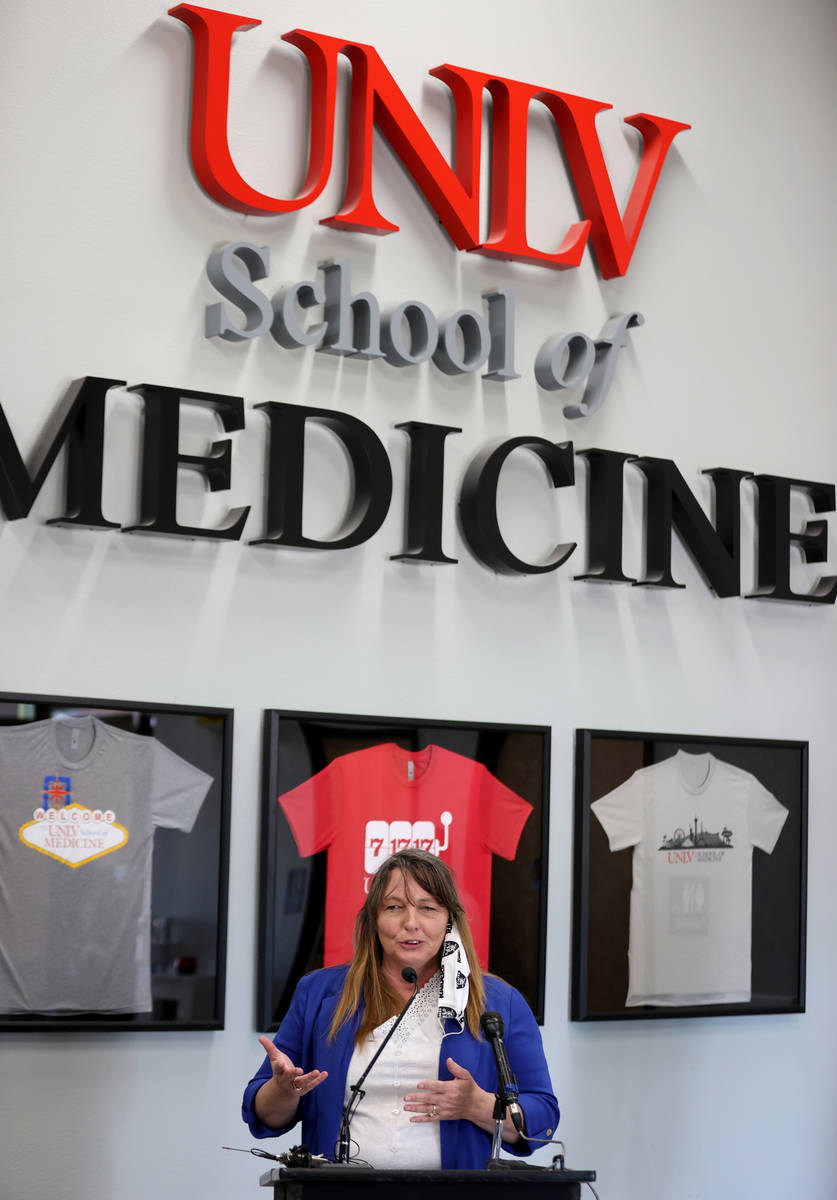Clark County Commission Chairwoman Marilyn Kirkpatrick speaks during a news conference at UNLV ...