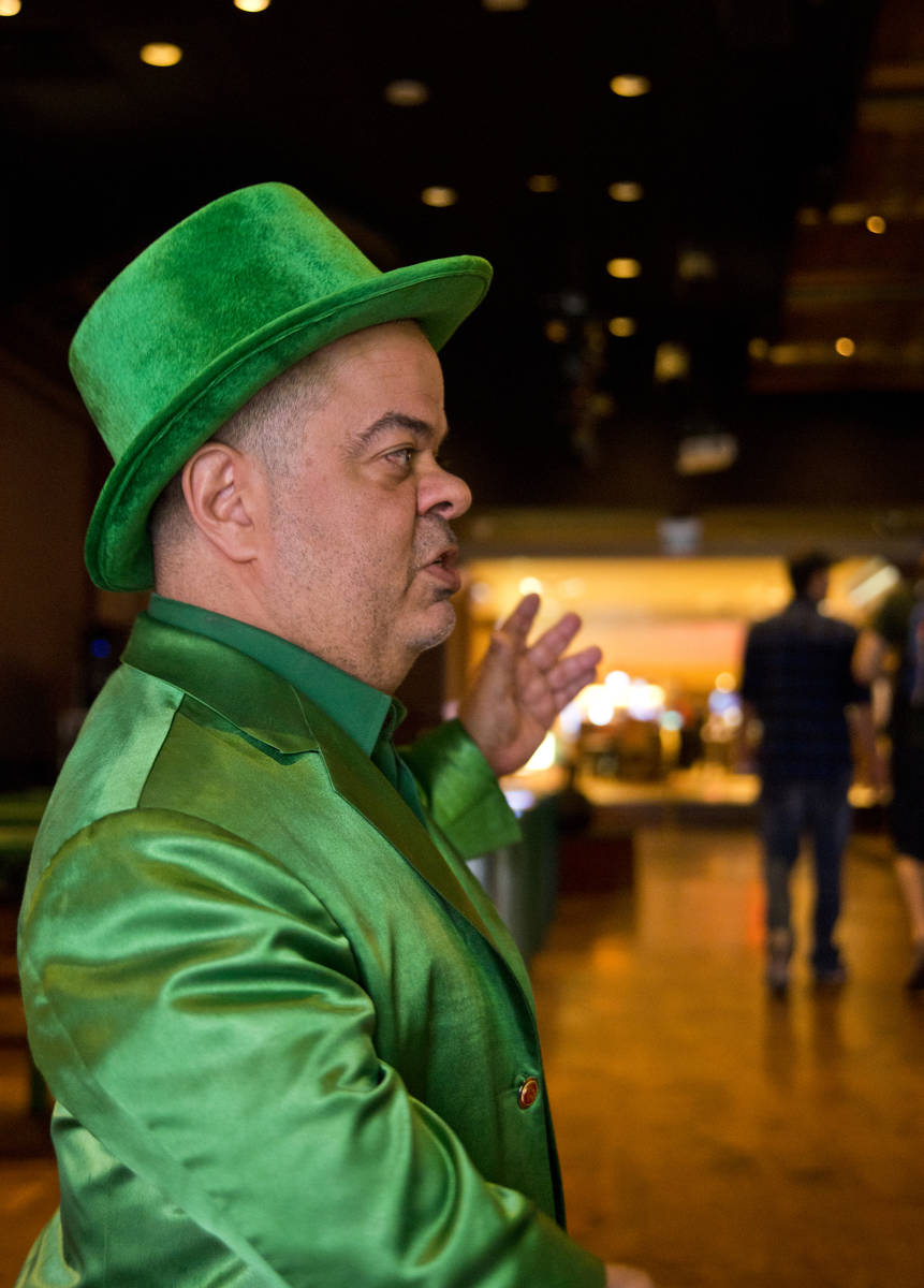 Brian Thomas, O'Sheas Casino manager and resident leprechaun, answers questions during an inter ...