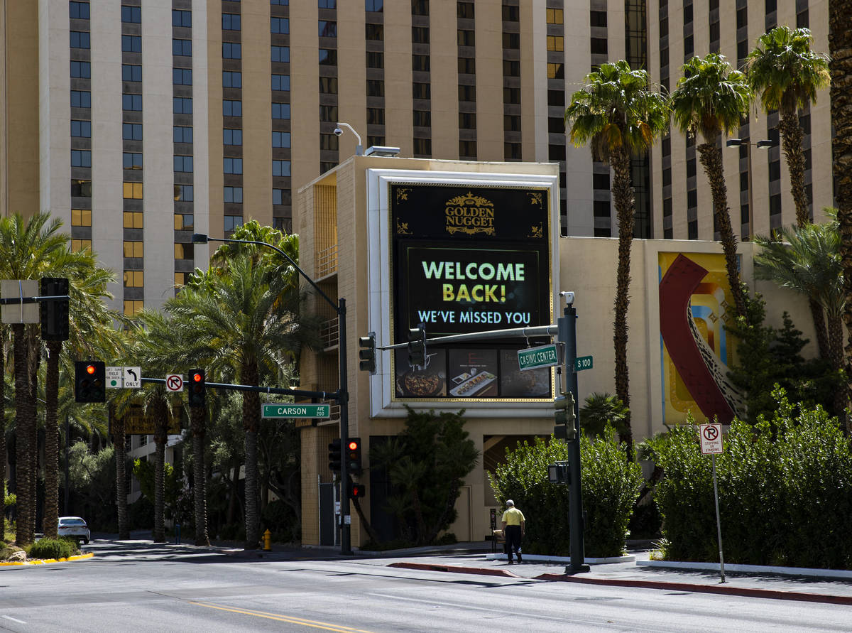 A digital display at the Golden Nugget in downtown Las Vegas on Thursday, June 11, 2020. (Chase ...