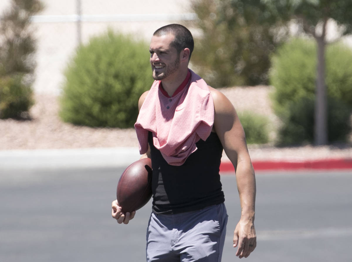 The Las Vegas Raiders quarterback Derek Carr is seen after an unofficial practice on Wednesday, ...