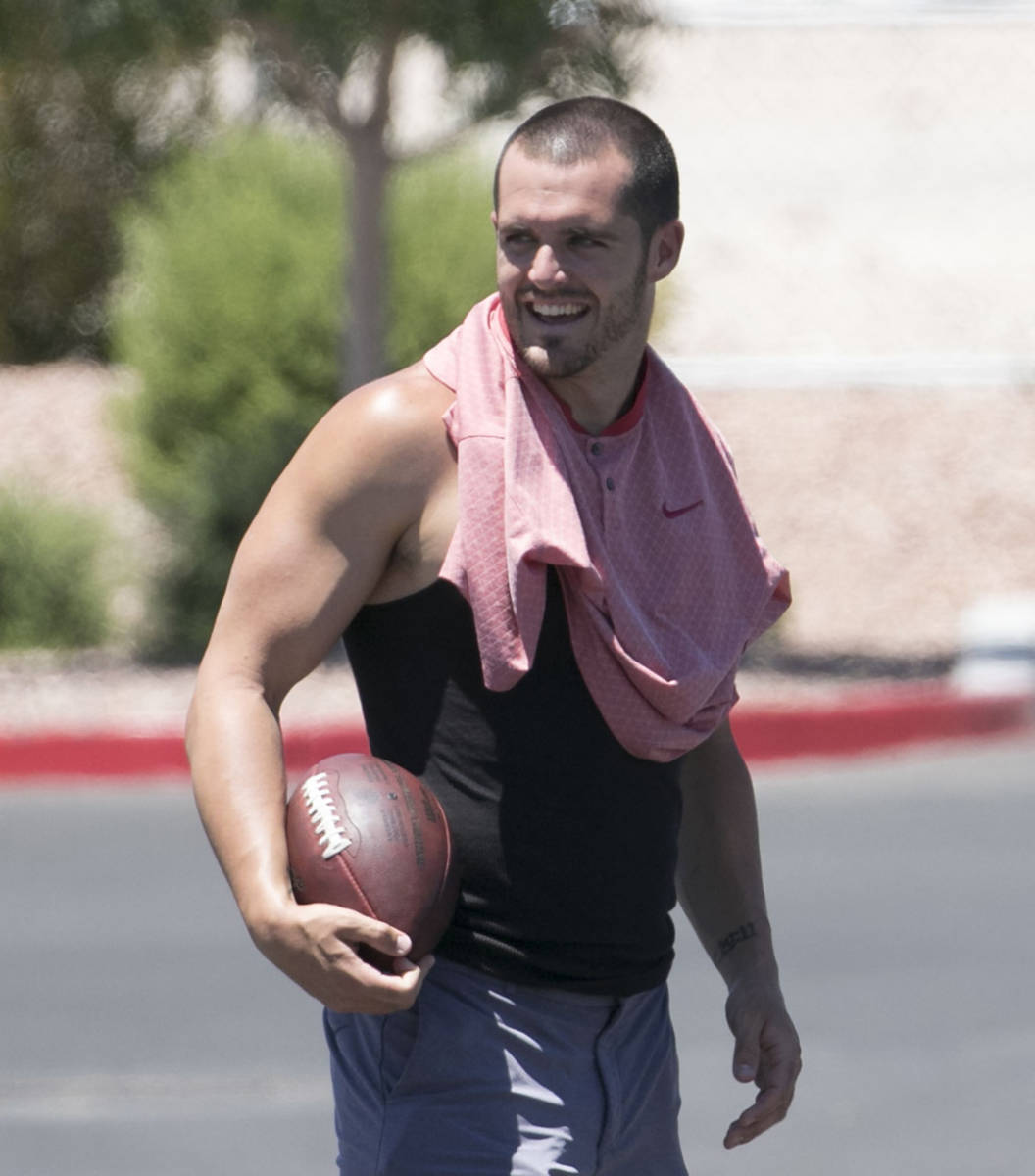 The Las Vegas Raiders quarterback Derek Carr is seen after an unofficial practice on Wednesday, ...