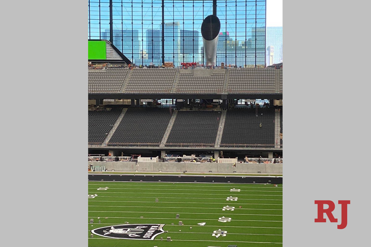 Raiders branded artificial turf will be used during tours of the team's $2 billion Allegiant St ...