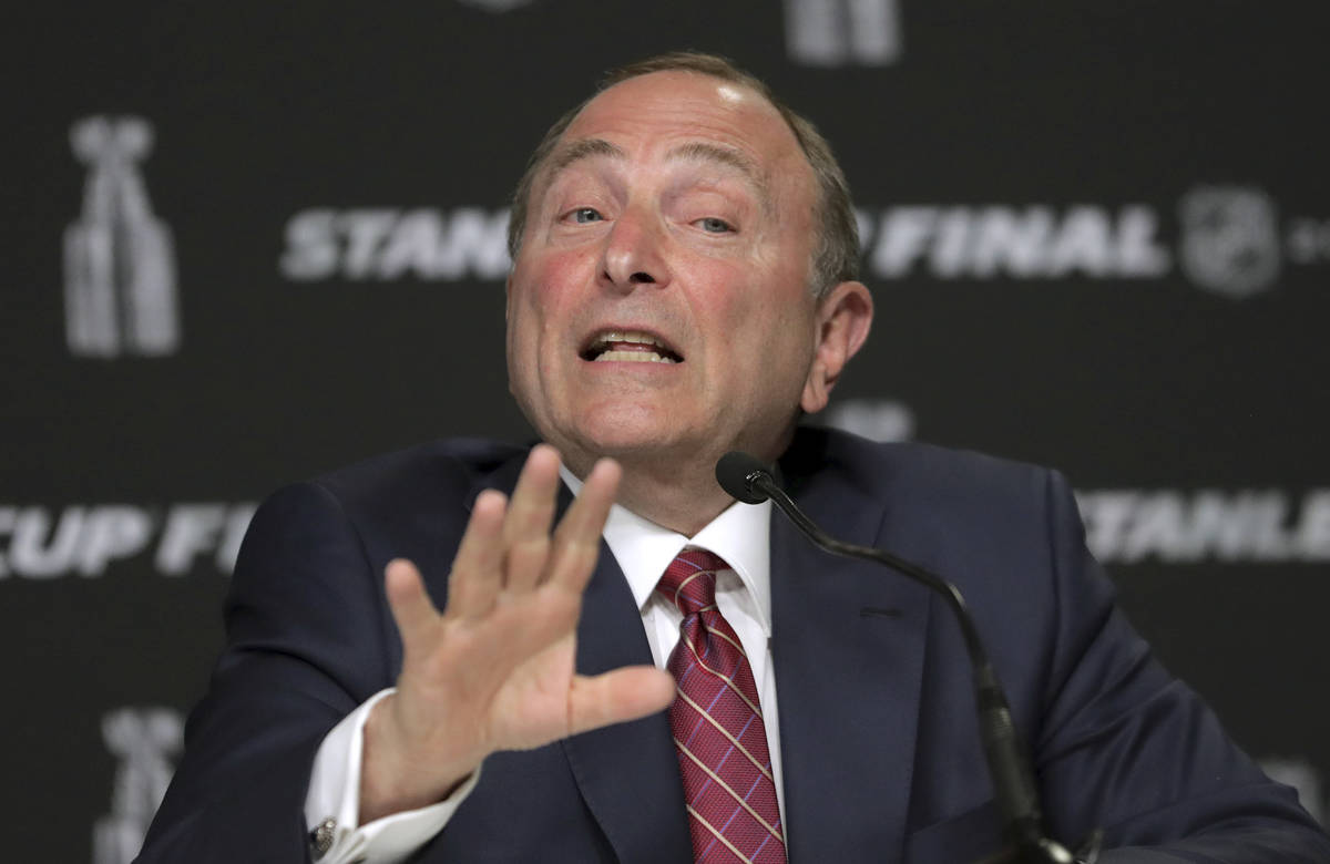 In this May 27, 2019, file photo, NHL Commissioner Gary Bettman speaks to the media before Game ...