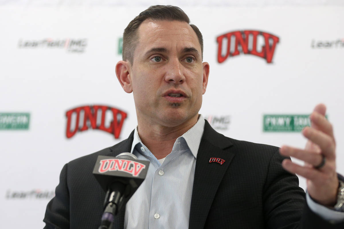 UNLV football head coach Marcus Arroyo announces his first recruiting class during a press conf ...