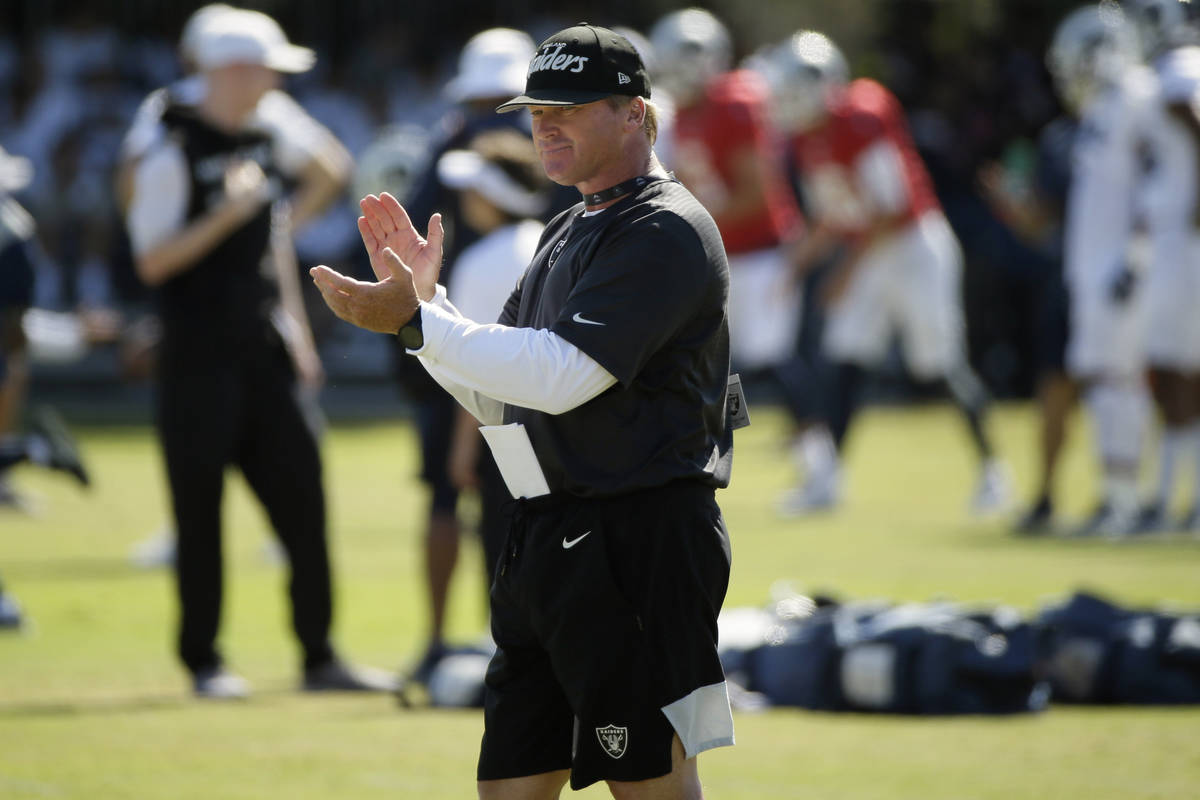 FILE - In this Aug. 8, 2019, file photo, Raiders head coach Jon Gruden claps during a combined ...