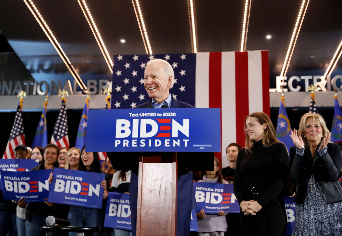 Joe Biden speaks during a caucus night event at IBEW local 357 in Las Vegas on Saturday, Feb. 2 ...