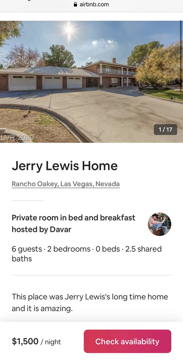 The Airbnb listing offering a room rental in Jerry Lewis' former home in Las Vegas. (Airbnb scr ...