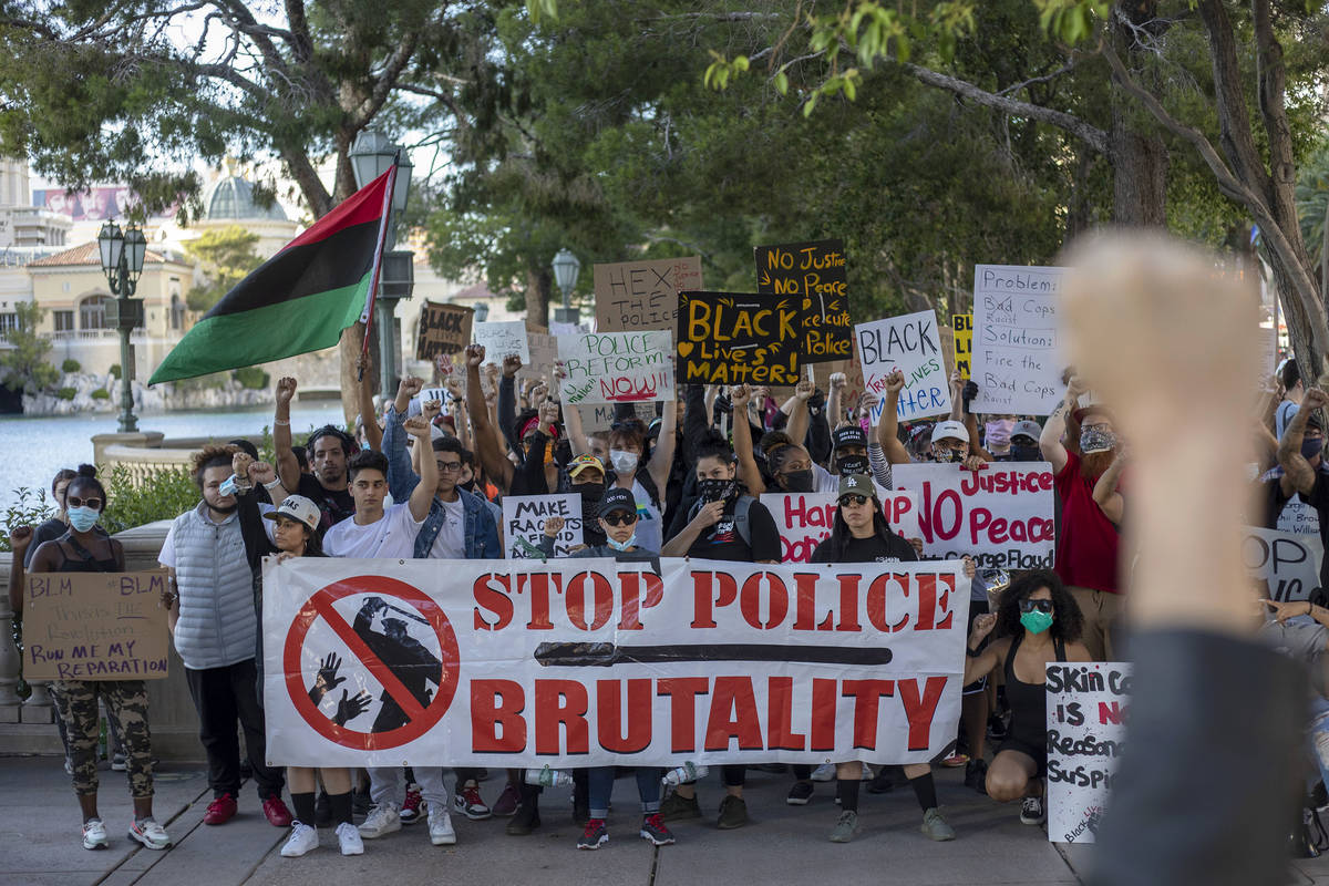 A protest against police brutality begins its route from Bellagio to the Welcome to Fabulous La ...