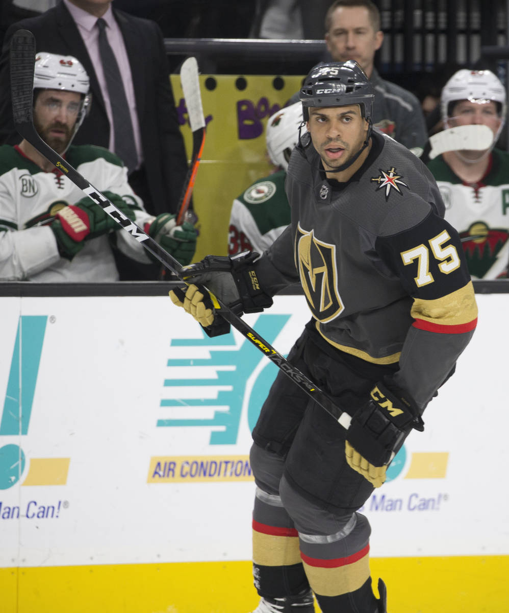 Golden Knights right wing Ryan Reaves (75) on Friday, March 29, 2019, at T-Mobile Arena, in Las ...