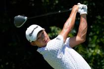 Coilin Morikawa tees off on the sixth hole during the final round of the Charles Schwab Challen ...