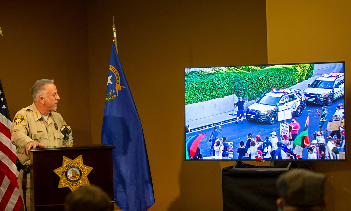 Clark County Sheriff Joe Lombardo presents a video on Tuesday, June 16, 2020, of a protester bl ...