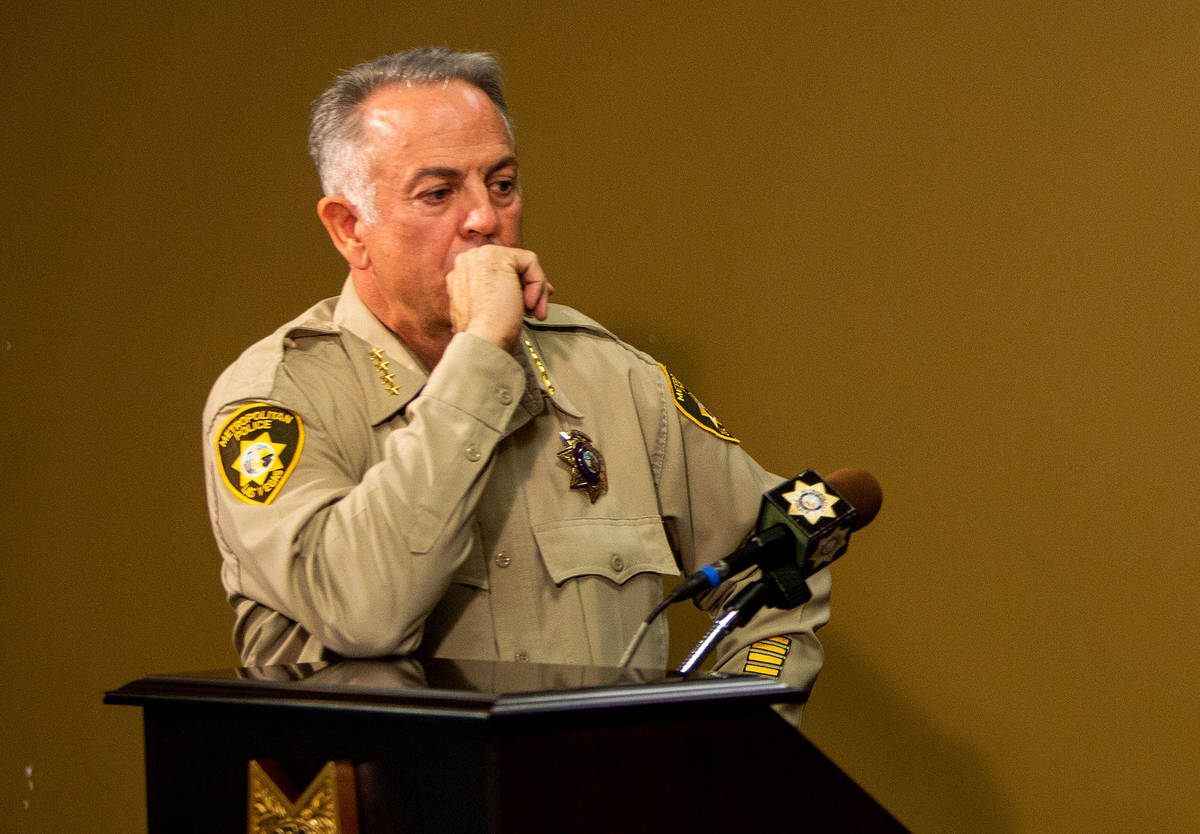 Clark County Sheriff Joe Lombardo presents videos on Tuesday, June 16, 2020, from a protest on ...