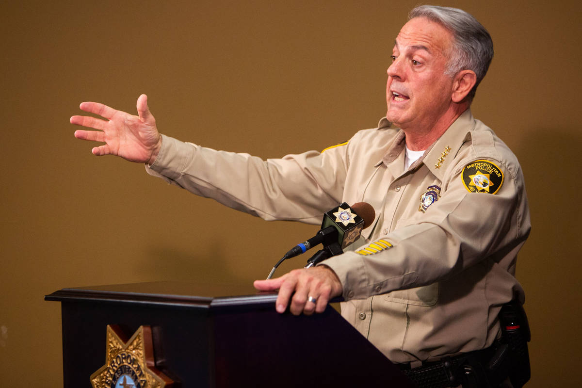 Clark County Sheriff Joe Lombardo answers questions at a news conference on Tuesday, June 16, 2 ...